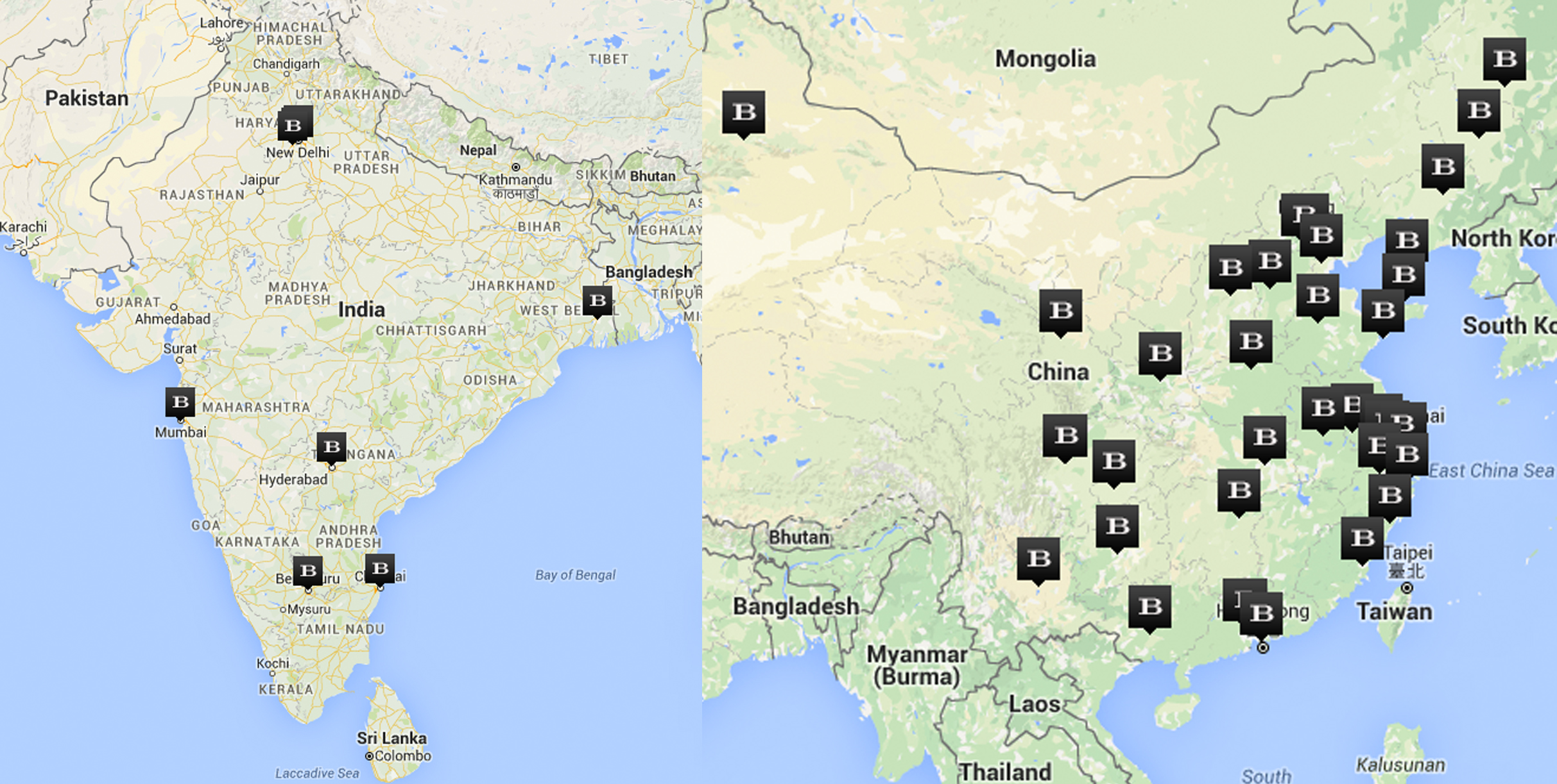 Left: Burberry stores in India, Right: Burberry stores in China. Taken from Burberry.com