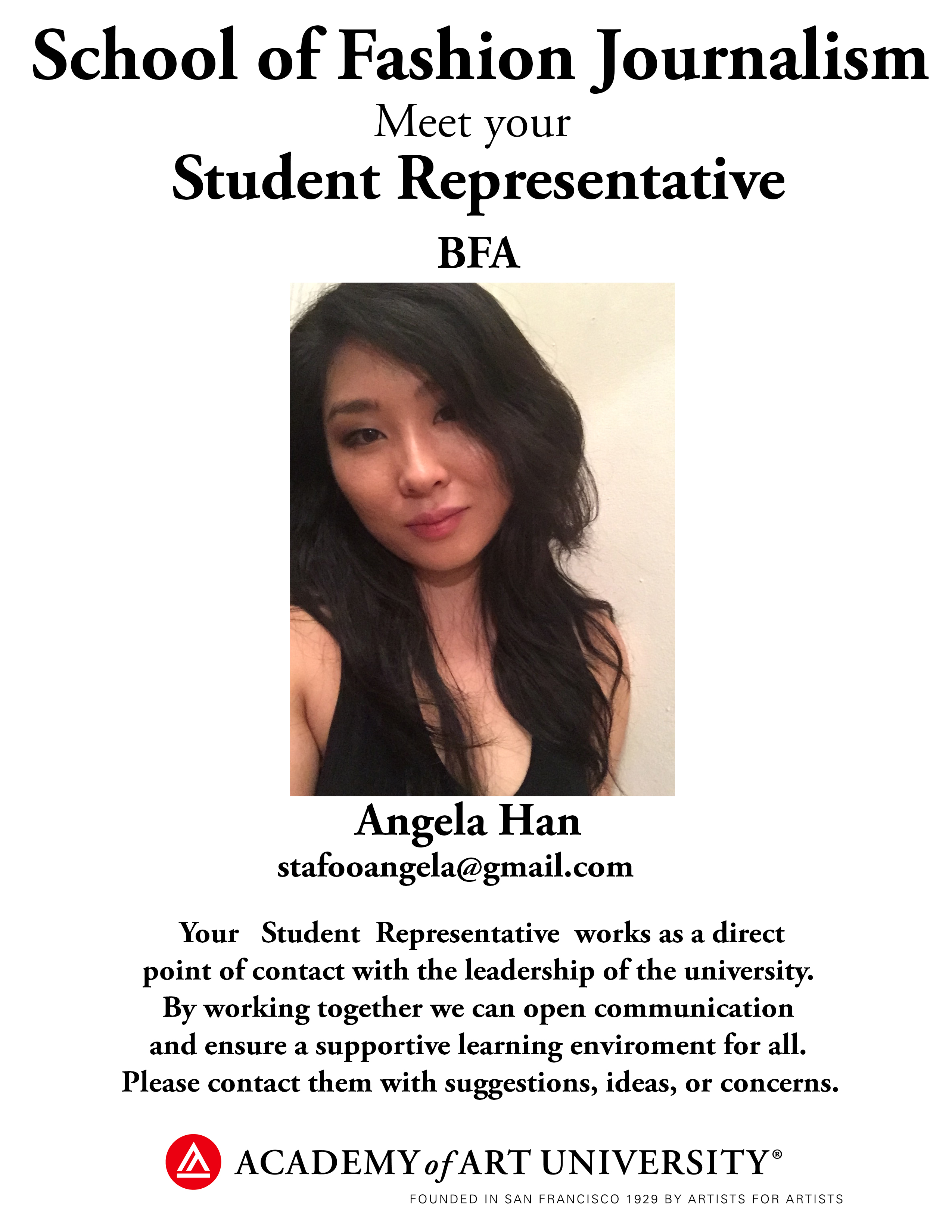BA Fashion Journalism student representative Angela Han/email: stafooangela@gmail.com 