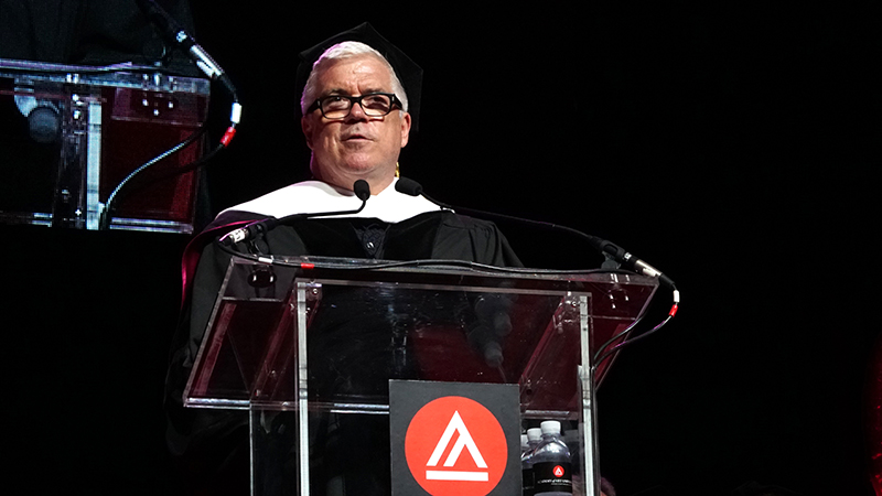 Tim Blanks, CFDA award winning fashion journalist, delivering his keynote speech at the Academy of Art University 2016 Commencement Ceremony