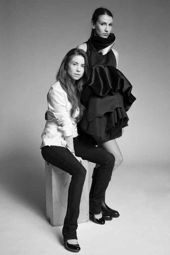 Designer Alyssa Watson (left) pictured above with award winning MET Gala dress inspired by melting Arctic ice. Model Noémie Medini. Photography by Fujio Emura.