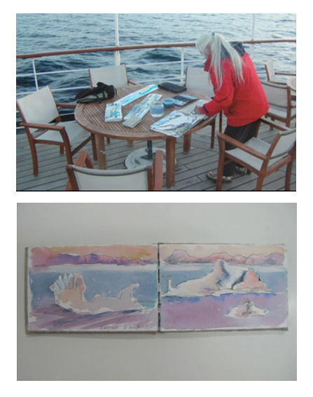 Rosie in the Antarctic and her watercolors of the polar ice caps