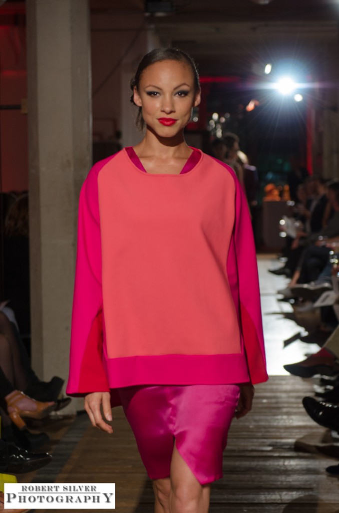 Model wearing a color-block shift dress by designer sounthavong. Photo by Robert Silver.