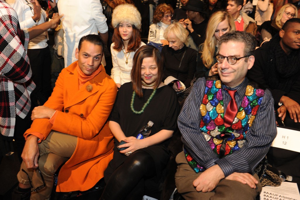 James Aguiar, National fashion director of Modern Luxury, a fashion show guest, and journalist Michael Musto.   Image: David Dooley