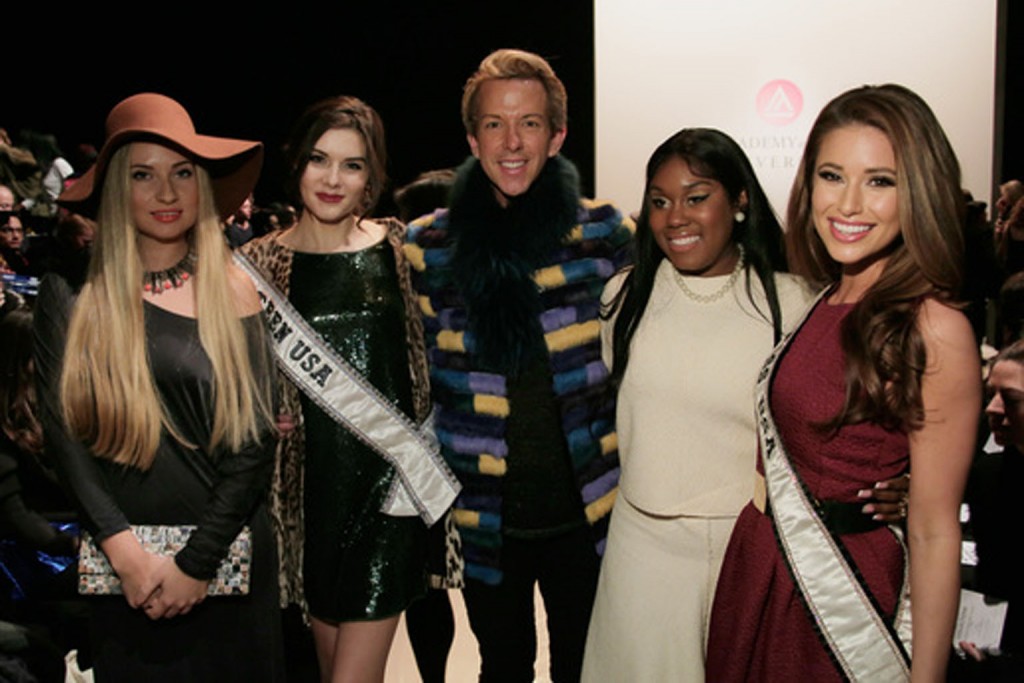 Fashion show guest, Miss Teen USA 2014 K. Lee Graham, stylist Derek Warburton, singer Tarralyn Ramsey, and Miss USA 2014 Nia Sanchez.   Image: Getty Images