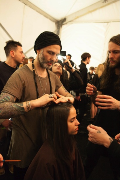 Jon Reyman at backstage at Academy of Art University show during NYFW. Image courtesy of Stacy Murphy Photography.