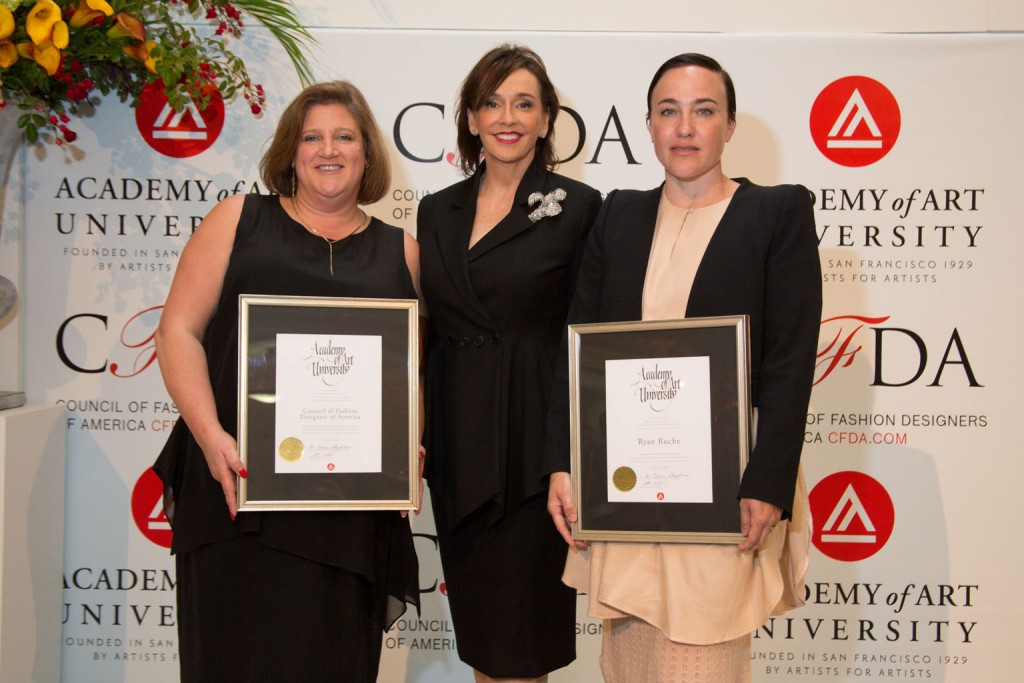 : Lisa Smilor, Executive Director of the Council of Fashion Designers of America (CFDA), Academy of Art University President Elisa Stephens and Ryan Roche, Academy of Art University School of Fashion alumna and designer with awards