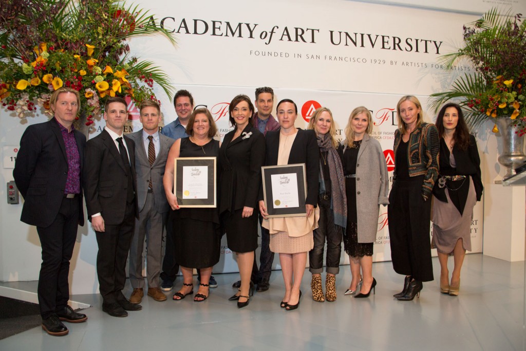 Keanan Duffty, Academy of Art University Senior Director of Fashion Merchandising with Academy of Art University School of Fashion guests of honor: Danny Roberts of Igor + André and brother David Roberts; Andy Shearer, Senior Design and Innovation Recruiter at Adidas; Lisa Smilor, Executive Director of the Council of Fashion Designers of America (CFDA); Academy of Art University President Elisa Stephens; Cameron Silver of Decades; Ryan Roche, Academy of Art University School of Fashion alumna and designer; Sue Stemp of St. Roche; Monica Miller, Senior Design Director of BCBG Max Azria Group; Lubov Azria, Chief Creative Officer of BCBG Max Azria Group; and Sara Kozlowski Senior Manager of Professional Development of the Council of Fashion Designers of America (CFDA)