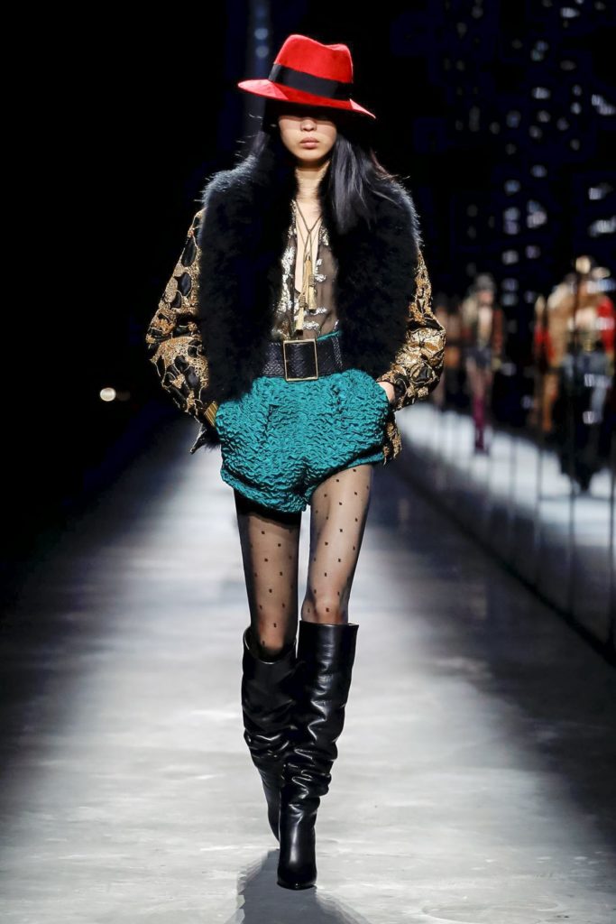 yves st laurent teal shorts and fur
